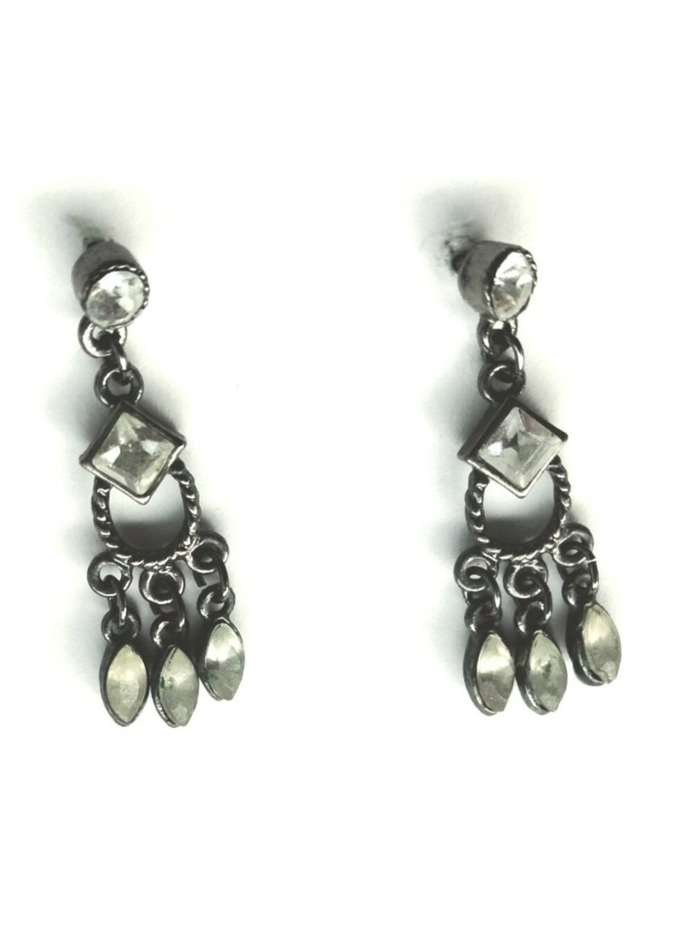 Vintage Silver Tone Chandelier Earrings Dangling Clear Crystal Stones